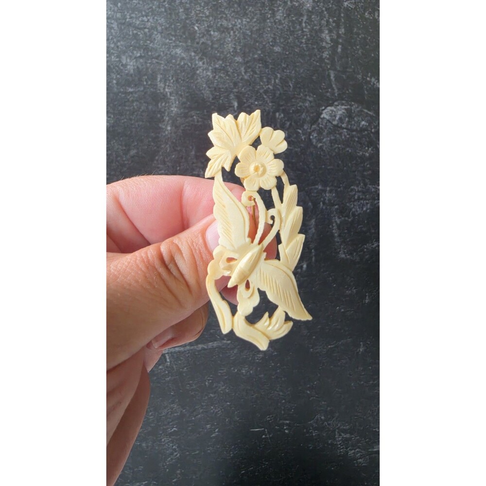 Floral And Butterfly Carved Brooch Vintage Costume Jewelry READ Description